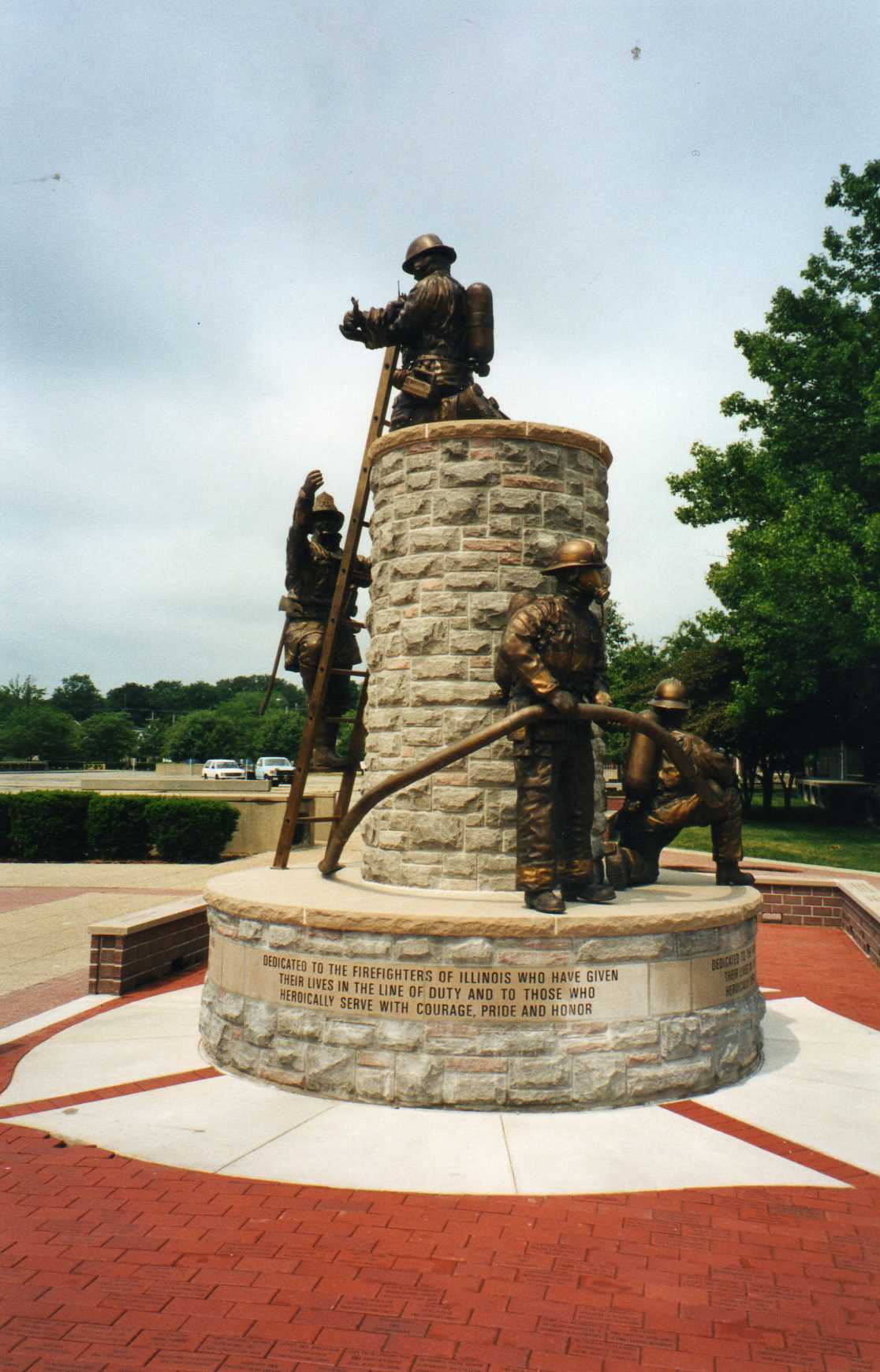 Bronze firefighter in uniform with hose, ladder child statues