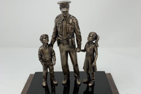 Bronze police protector with child custom law enforcement retirement and recognition awards